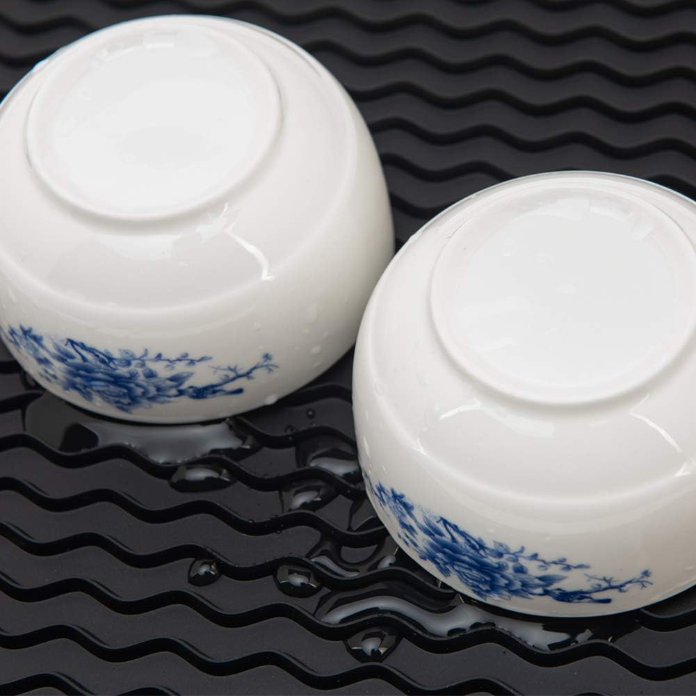 ZLR 2 Pcs Silicone Dish Drying Mats for Kitchen Counter, Eco-Friendly Fast Dry Dish Mat, Easy Clean Multi Usage Drying Matt, Heat Resistant Trivet, 12" x 16" Large, Black