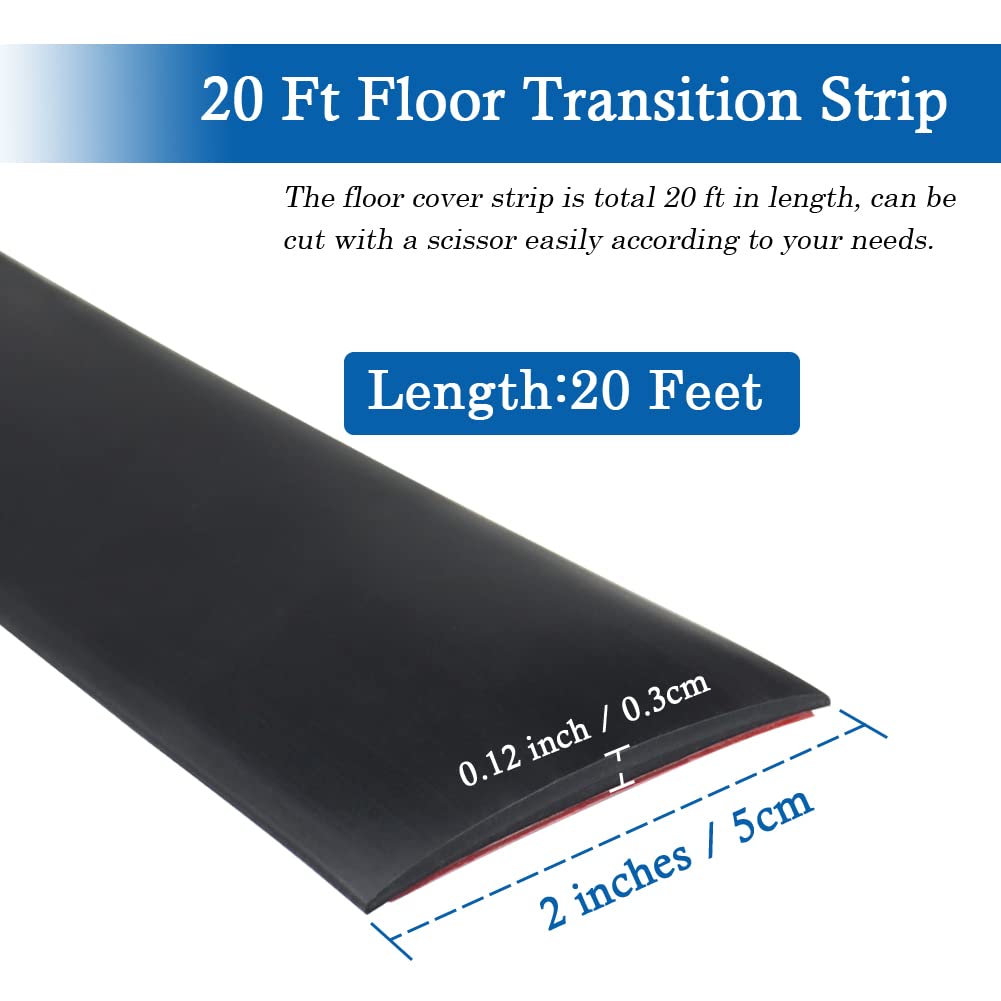 Floor Transition Strip Self Adhesive Floor Cover Strips Laminate 2" Wide Vinyl Flat Divider Transitions (5cm, 20Ft, Black)