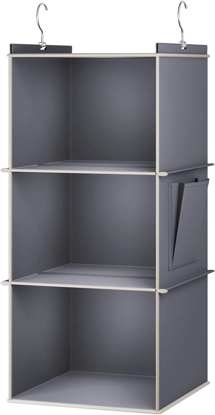 YOUDENOVA Hanging Closet Organizer, 3-Shelf Closet Hanging Storage Shelves, Grey