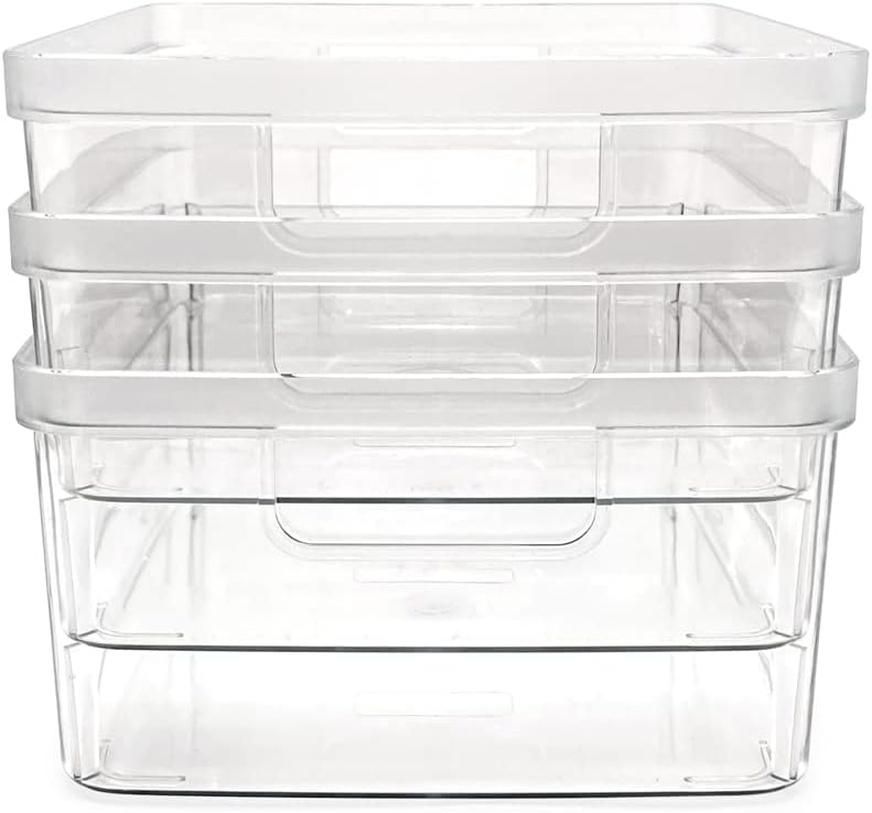 Isaac Jacobs 3-Pack Medium Clear Storage Bins (8” L x 10” W x 4.25” H) w/Cutout Handles, Plastic Organizer for Home, Office, Kitchen, Fridge/Freezer, Bathroom, BPA Free, Food Safe (3-Pack, Medium)