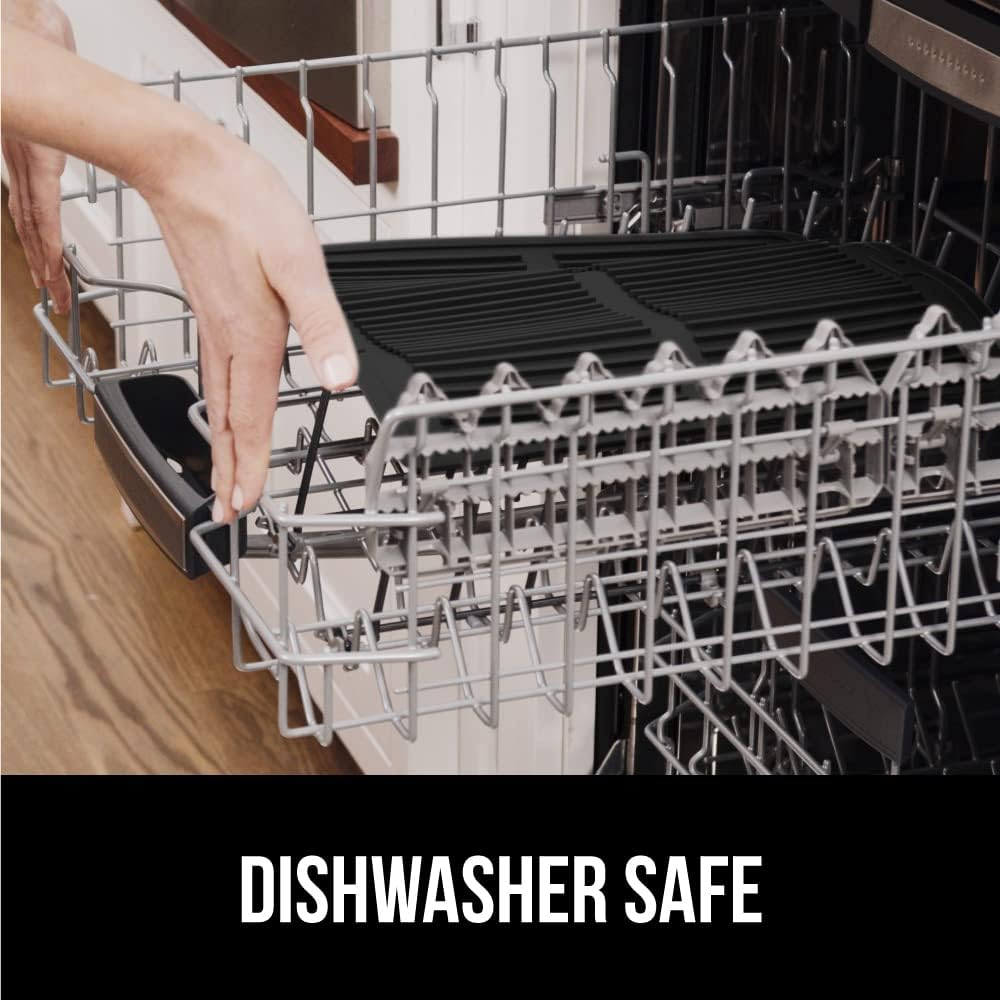 GORILLA GRIP 100% BPA-Free Patented Silicone Dish Drying Mat for Kitchen Counter, Water Catching Ribbed Design, Easy Clean Waterproof Sink Liner, Heat Resistant, Fits Under Rack, 16x12 Inch, Black