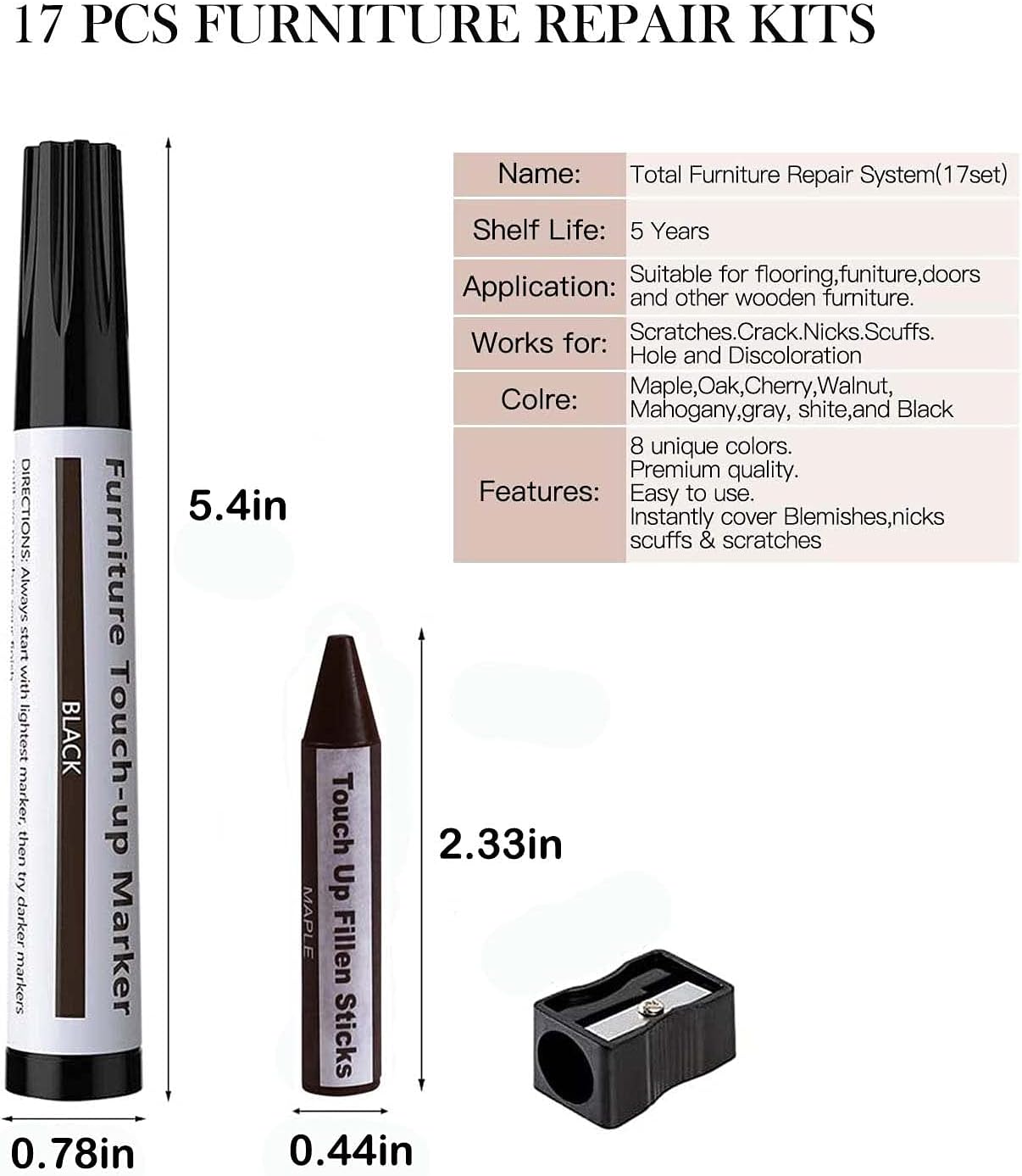 Furniture Markers Touch Up, Lifreer 21 Pcs Wood Filler Floor Scratch Repair Kits, Wood Markers and Wax Stick with Sharpener Kit for Funiture Repair,Floor Scratch