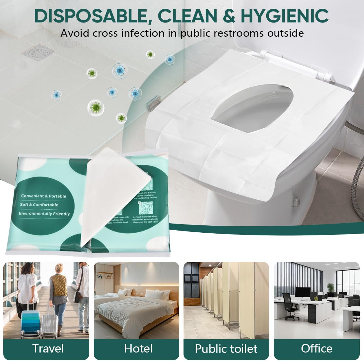 120 Pcs Disposable Flushable Paper Toilet Seat Covers Travel Supplies Essentials for Airplane, Public Restrooms, Bathroom, Hotels, Camping, Kids or Adults