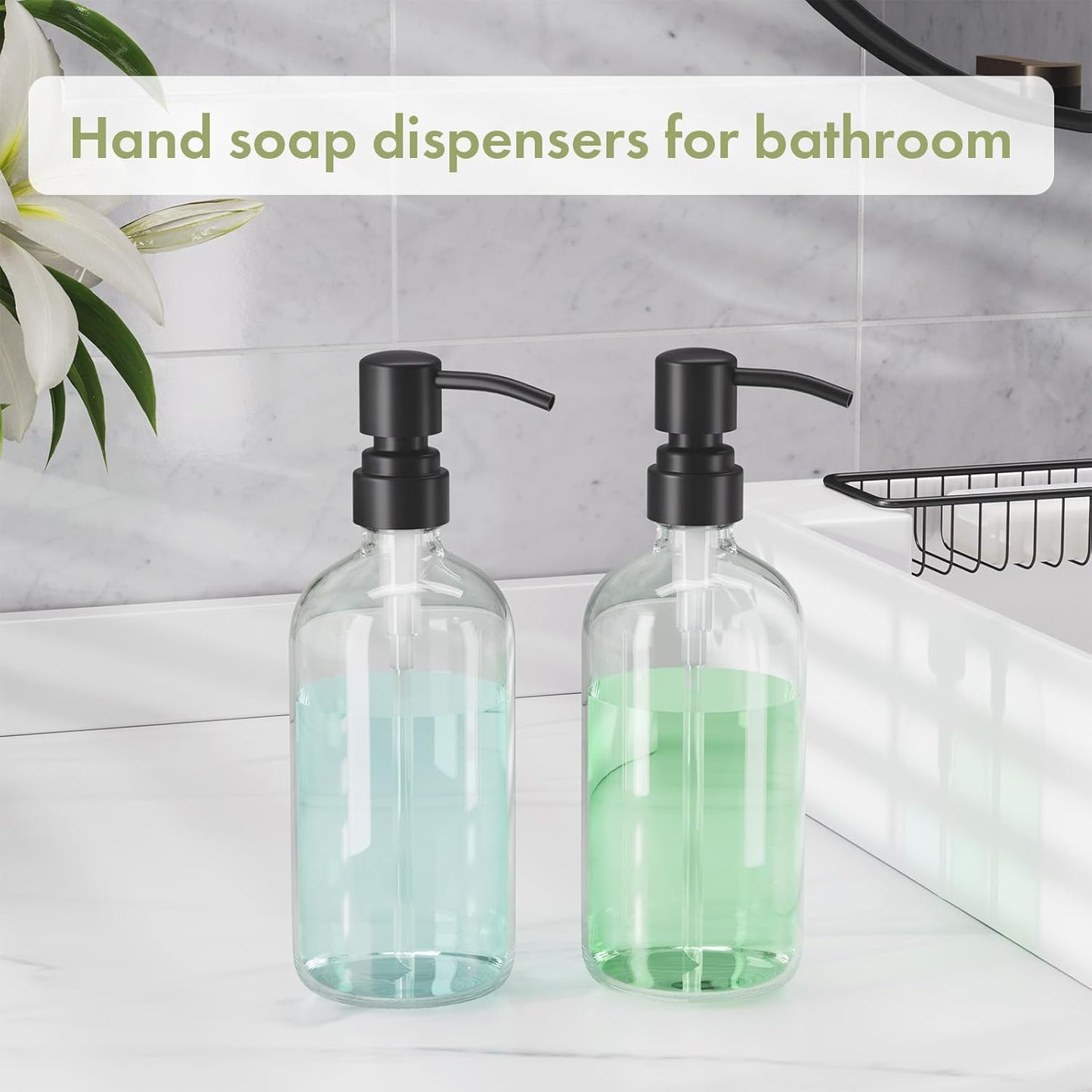 AmazerBath Soap Dispenser, 2 Pack Glass Soap Dispenser with Stainless Steel Pump, 17 Oz Bathroom Hand Soap Dispensers Bottle for Bathroom & Kitchen, Clear & Black