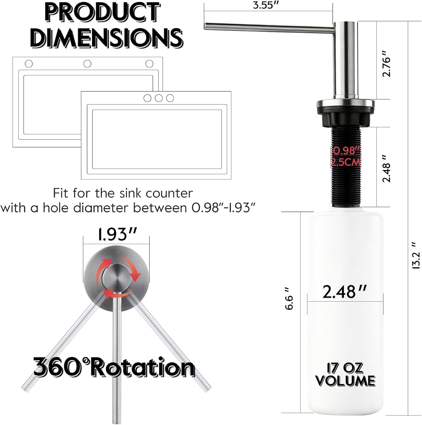 GAPPO Soap Dispenser for Kitchen Sink, Built in Sink Soap Dispenser, Brushed Nickel Stainless Steel Pump Head, Lotion Dispenser with Refillable 17 OZ Bottle