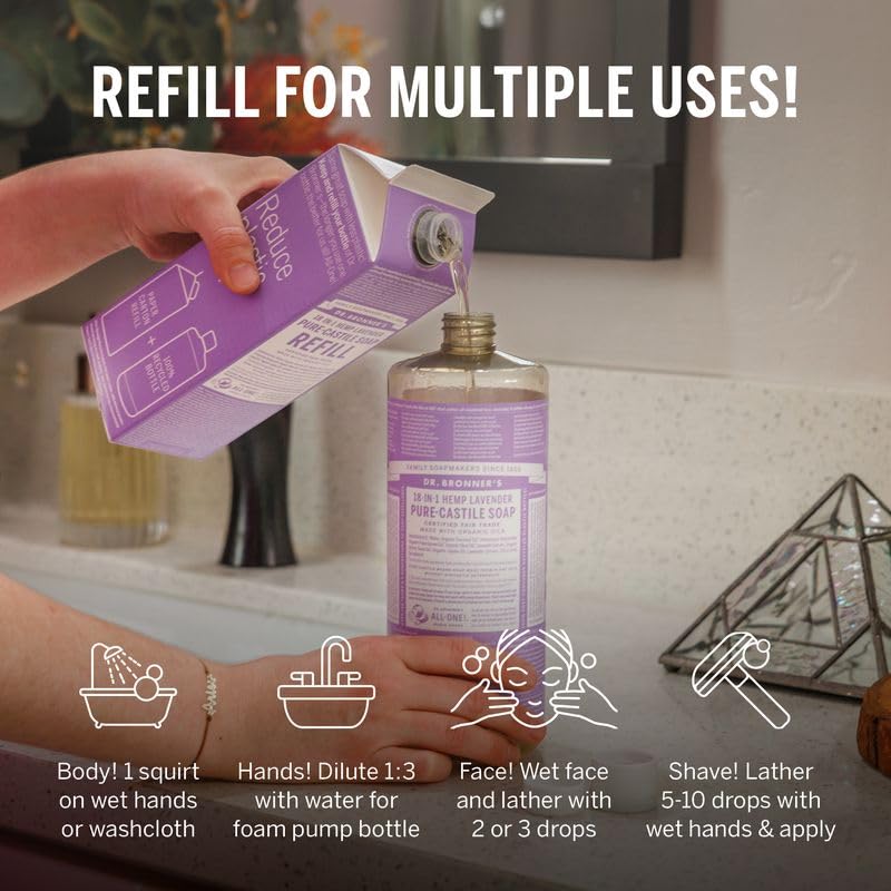 Dr. Bronner's Pure-Castile Liquid Magic Soap Refill - Made with Regenerative Organic Certified Oils, 86% Less Plastic per Quart - 18-in-1 Uses for Face, Body Wash, Hand Soap Refill- Lavender, 32oz