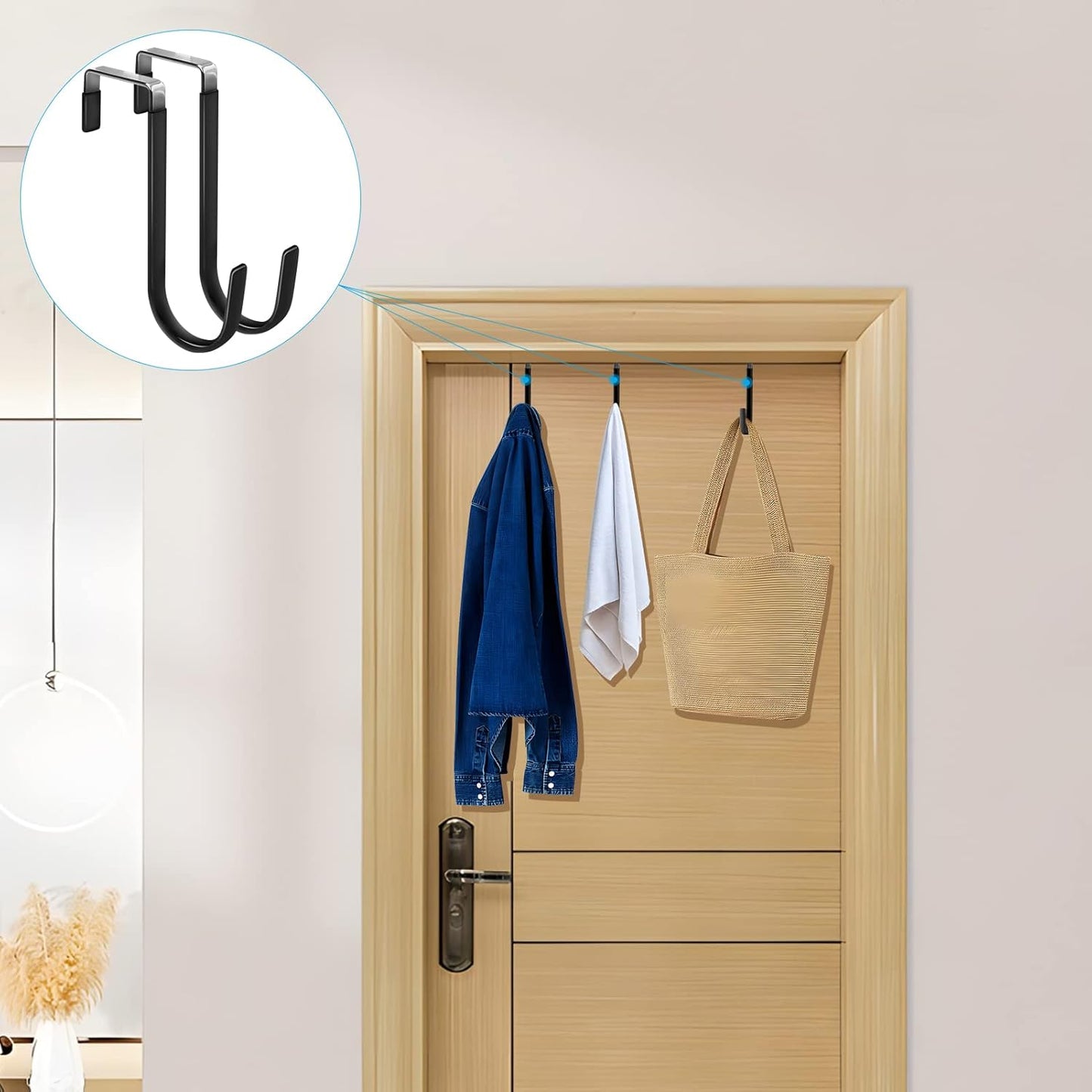 FYY Over the Door Hooks, 4 Pack Door Hangers Hooks with Rubber Prevent Scratches Heavy Duty Organizer Hooks for Living Room, Bathroom, Bedroom, Kitchen Hanging Clothes, Towels, Hats, Coats, Bags Black