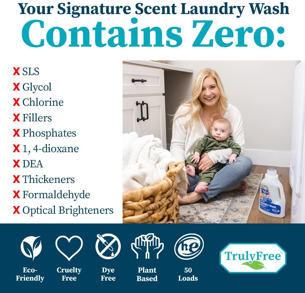 Truly Free Natural Laundry Detergent for Sensitive Skin | Eco Friendly, Plant Based, Baby Clothes Safe | Clean & Easy Powder to Liquid, 5 Pack Detergent + 1 Refillable Jug | Signature Scent 250 Loads
