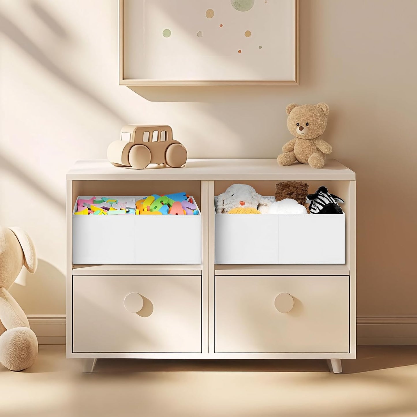 DIMJ Large Closet Shelf Organizer Bins 4 Packs with Handles and Divider, Fabric Trapezoid Storage Baskets, Foldable Clothes Containers Box for Shelf, Towel, Book, Toy, Purse, Hats, Pink