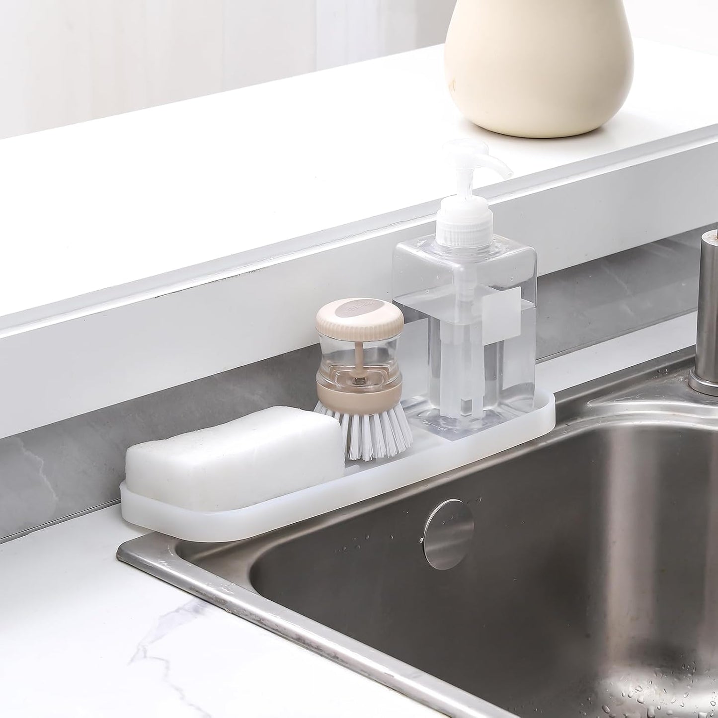 Silicone Kitchen Sink Organizer Tray for Multiple Usage,Easy Clean Sponges Holder for Kitchen Bathroom Counter or Sink,Dish Soap Dispenser,Scrubber,Bottle,Cup Translucent 12" x 4”