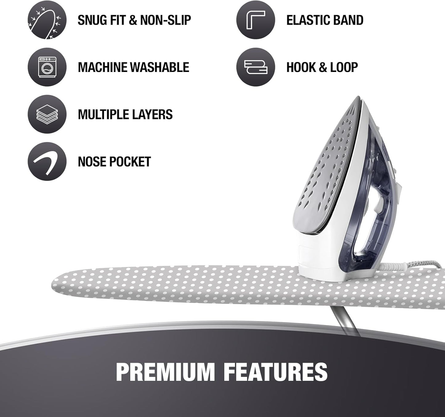 Extra Thick Ironing Board Covers with Pad Standard Size 15x54, Heat Reflective Full Scorch Resistant Padding, Snug Fit Non-Slip Nose Pocket Fastener Straps Elastic Edges, Gray Spotted