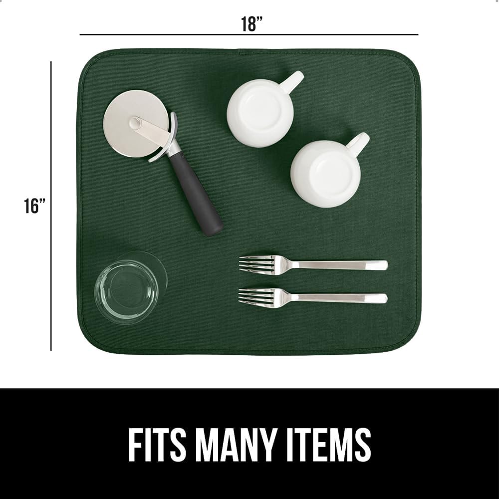 GORILLA GRIP Ultra Water Absorbent Microfiber Dish Drying Mat, Quick Dry Thick Mesh, Slip Resistant Pad for Sink Dishes or Under Rack, Kitchen Counter Accessories, 16x18, Machine Wash, Hunter Green