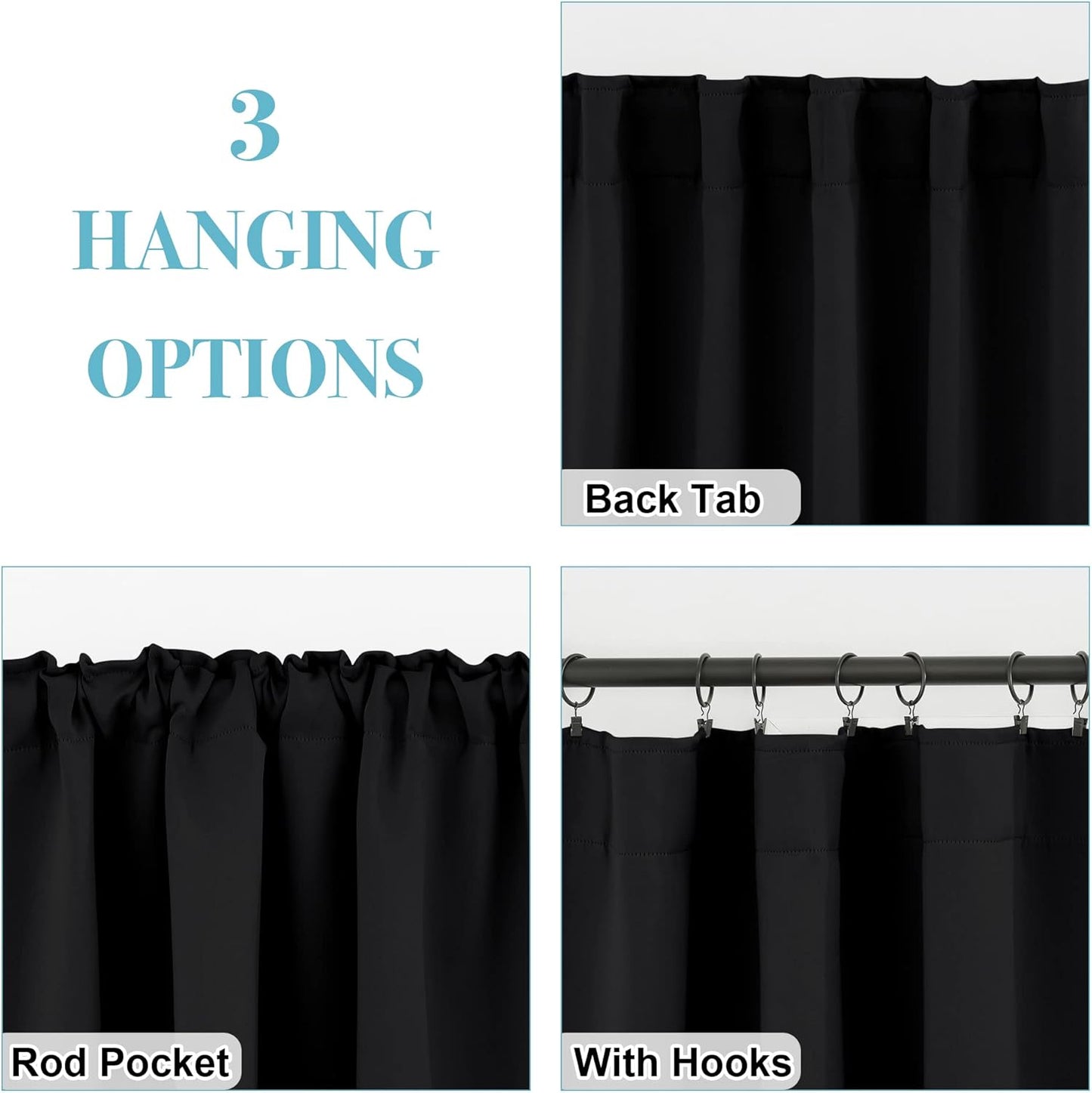 RYB HOME Blackout Curtains for Living Room, Back Tab & Rod Pocket Top Insulating Window Decor for Bedroom Dining Sliding Glass Door Home Office, W 62 x L 84, Black, 2 Panels
