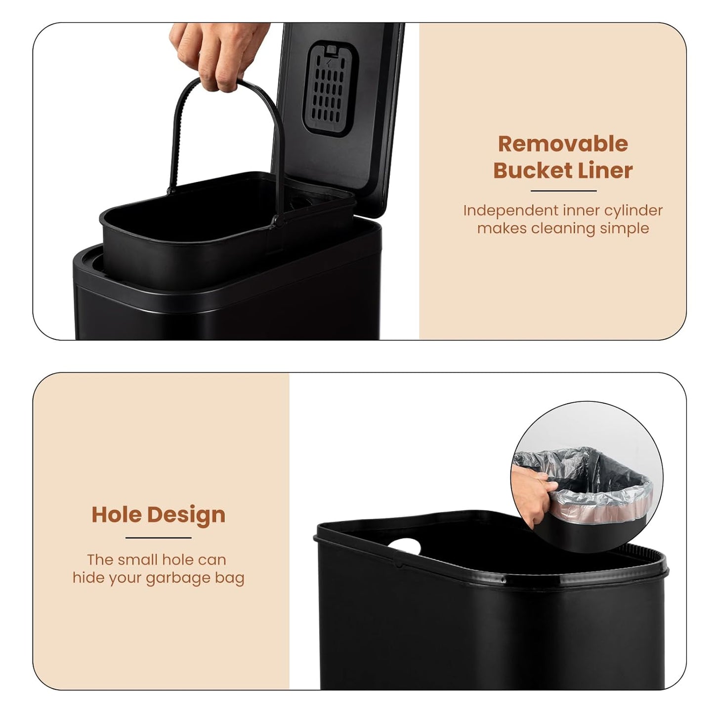 BETHEBEST Bathroom Trash Can with Lid Soft Close,Stainless Steel Step Trash Can with Removable Inner Wastebasket,Black Garbage Can for Bathroom,Bedroom,Kitchen(15 Liter/4 Gallon)