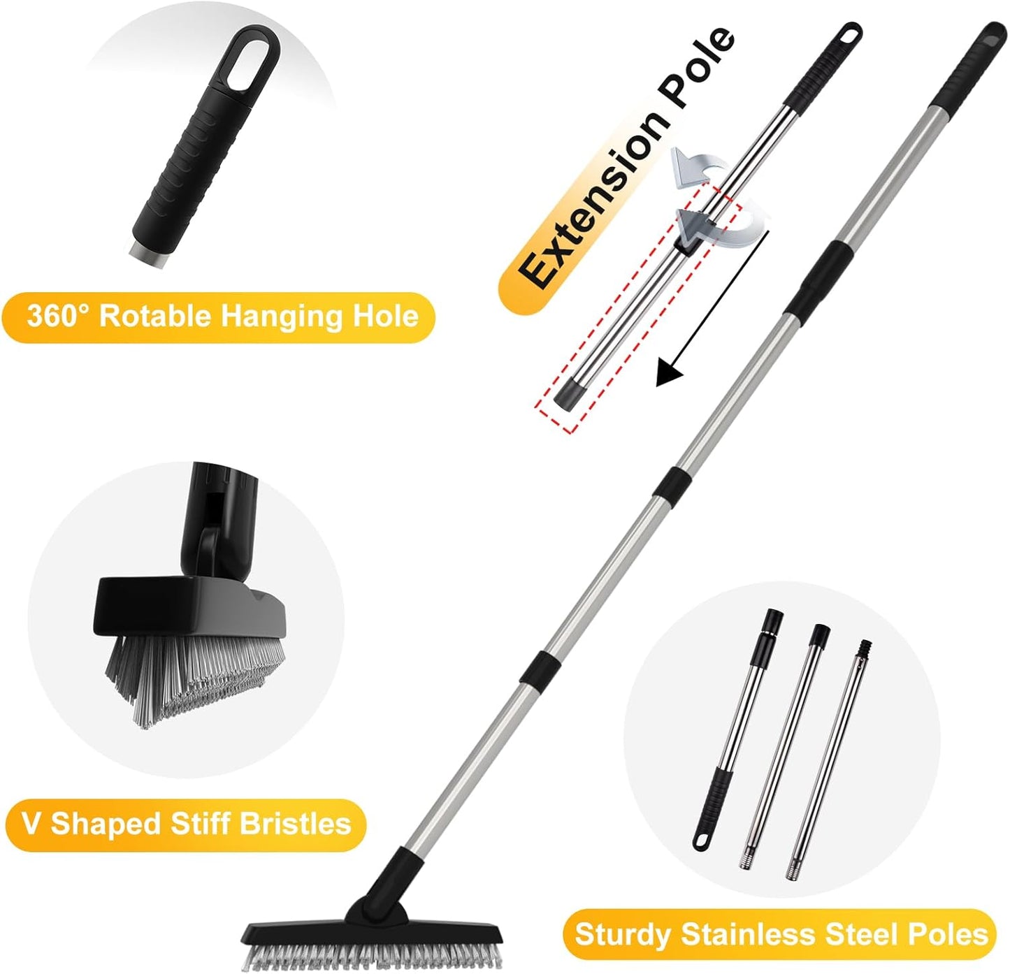 ITTAHO 2 Pack Grout Brush with Long Handle, Swivel Cleaning Grout Line Scrubber - Extendable Durable Handle Grout Cleaner Brush for Bathroom,Tile,Baseboard,Walk in Shower,Corner & Narrow Space (Black)