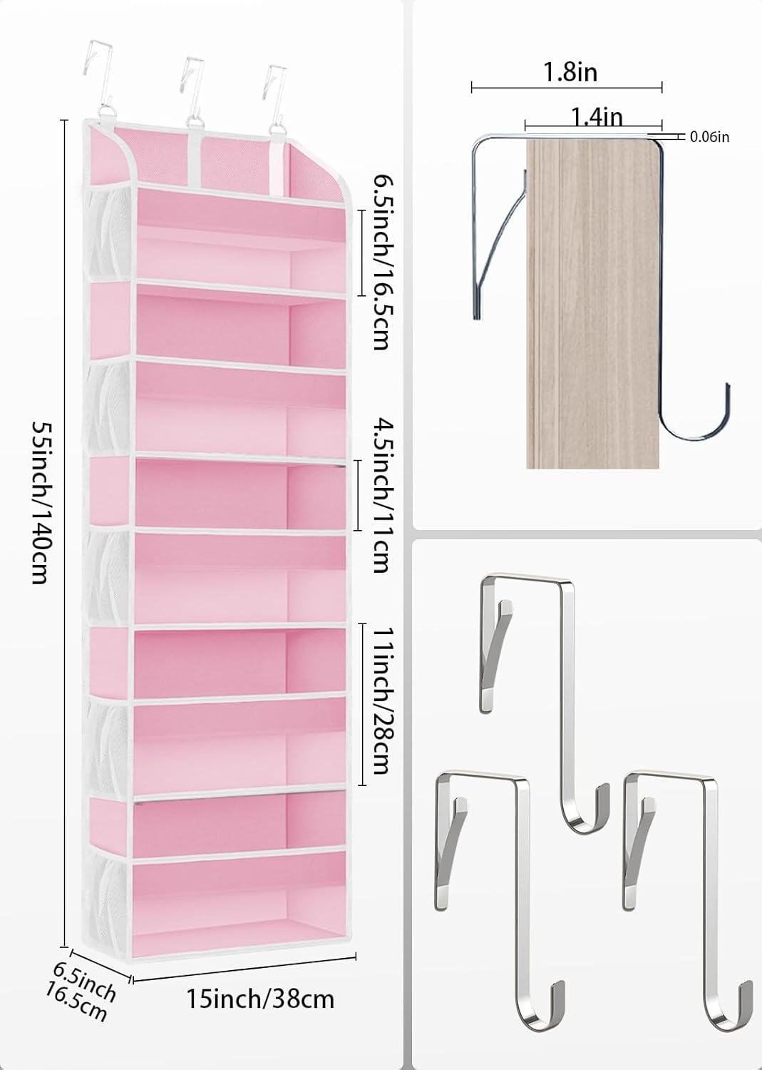 2 Pack Over The Door Storage Organizer with 5 Pockets 10 Mesh Pockets, 44 lbs Weight Capacity Door Hanging Organizers and Storage for Bedroom,Bathroom,Nursery,Kidroom,Babyroom