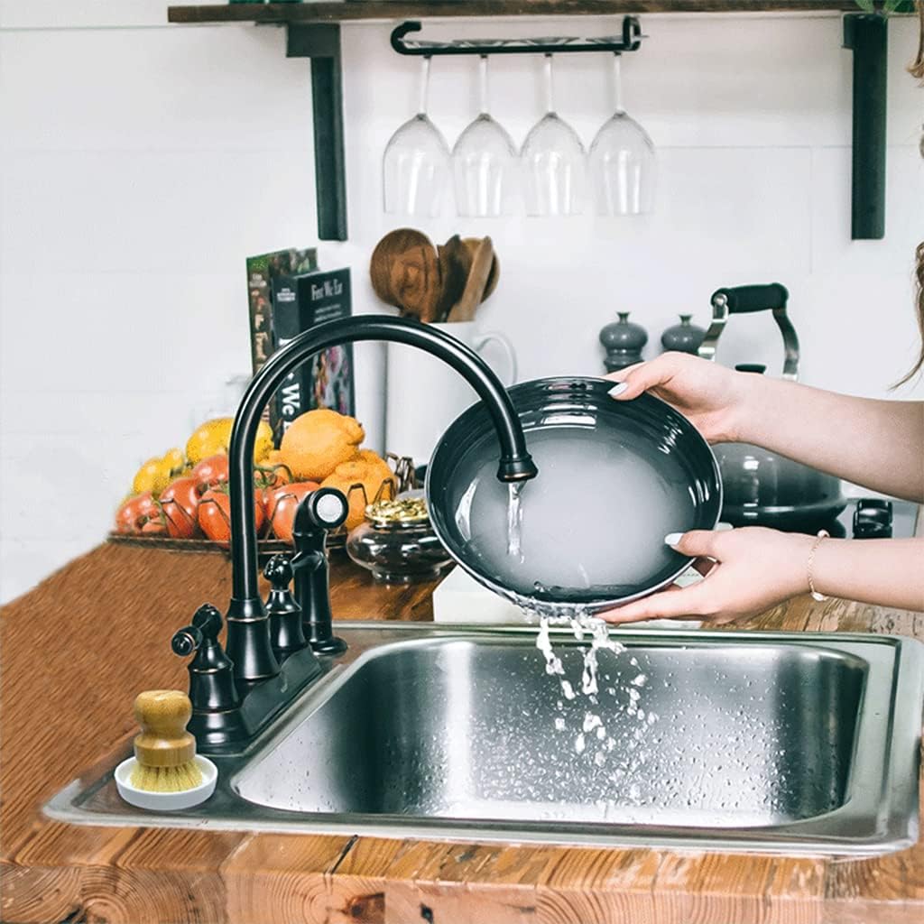Bamboo Brush Dish Scrubber Clean Pan and Vegetable, Natural Bristles Palm Pot Brush 2 Pack Round Mini Dish Brush with 2 Ceramic Dish for Kitchen Sink Cleaning
