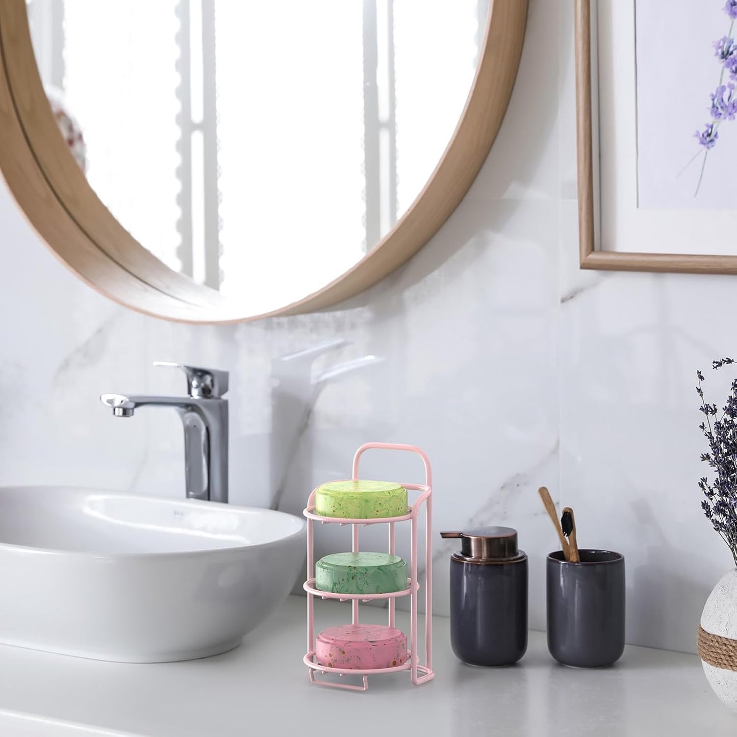 Pink 3-Tier Shower Soap Shampoo Bar Holder, Self Adhesive & Freestanding Draining Soap Dish Caddy for Bathroom Wall Accesories Decor