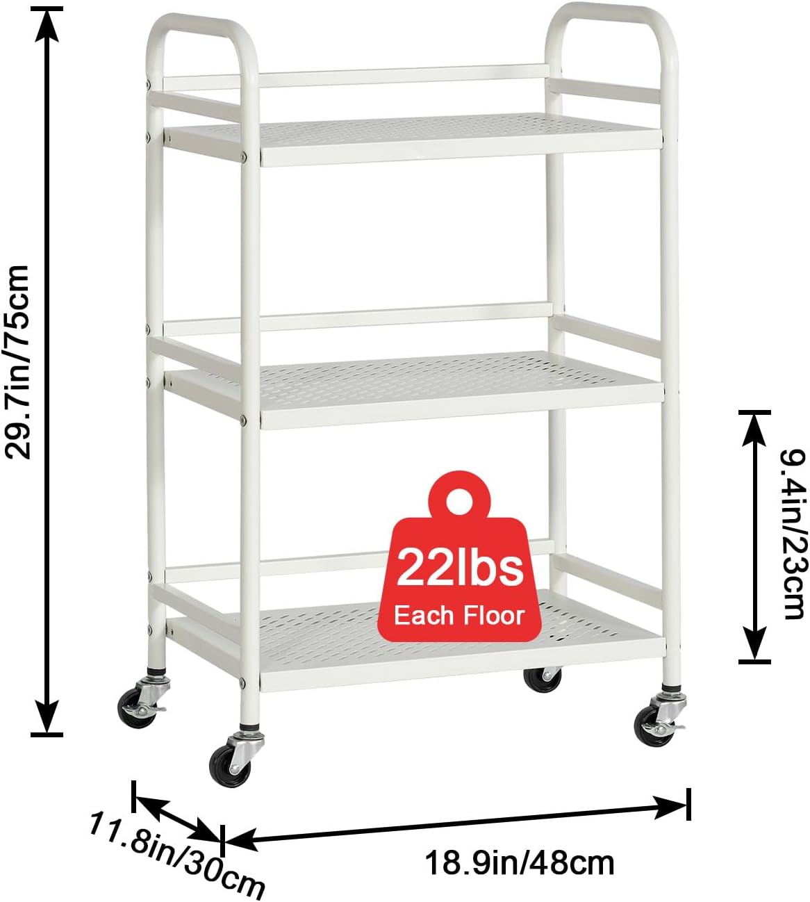 HDANI 3 Tier Rolling Cart,Heavy Duty Multifunctional Metal Frame-Supports 22 Lbs Per Tier,Rolling Cart with 2 Lockable Wheels for Office,Home,Bedroom,Kitchen,Bathroom (White)…