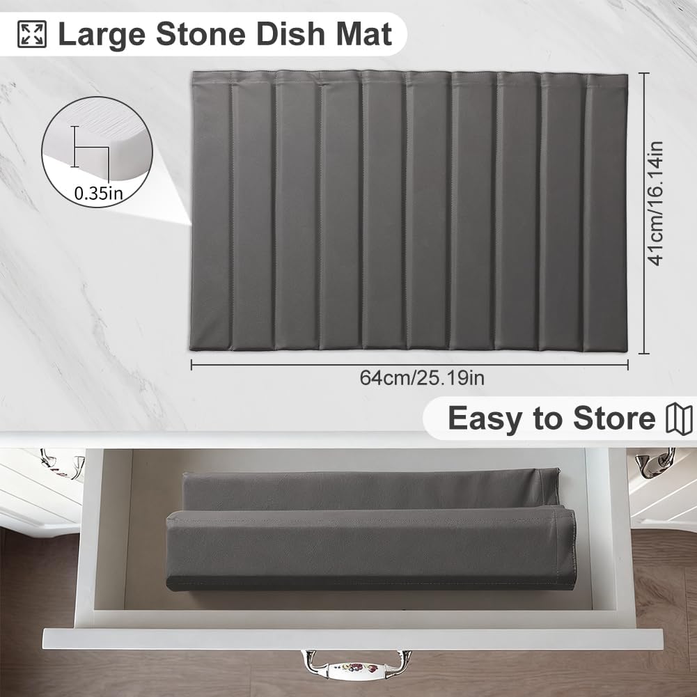 Large Stone Dish Drying Mat for Kitchen Counter, 25.2" × 16.1" Quick Dry Collapsible Diatomaceous Earth Mat with PU Leather, Absorbent Drying Matt for Dishes Cookware Bottles Cups, Waterproof Bottom