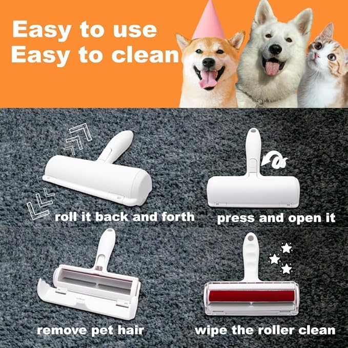 Pet Hair Remover Roller with Self-Cleaning Base, Reusable Lint Roller, Red and White