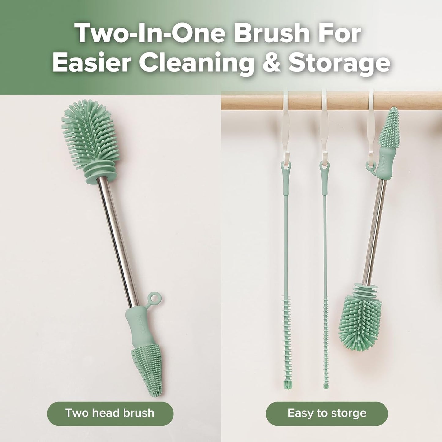 haakaa Silicone Cleaning Brush Kit - Baby Bottle Brush Cleaner for Breast Pump,Nipple,Breast Milk Storage Bag,Reusable Straw,Sippy Cup - Food Grade Silicone Bristles, Portable - 3 Pcs - Pea Green