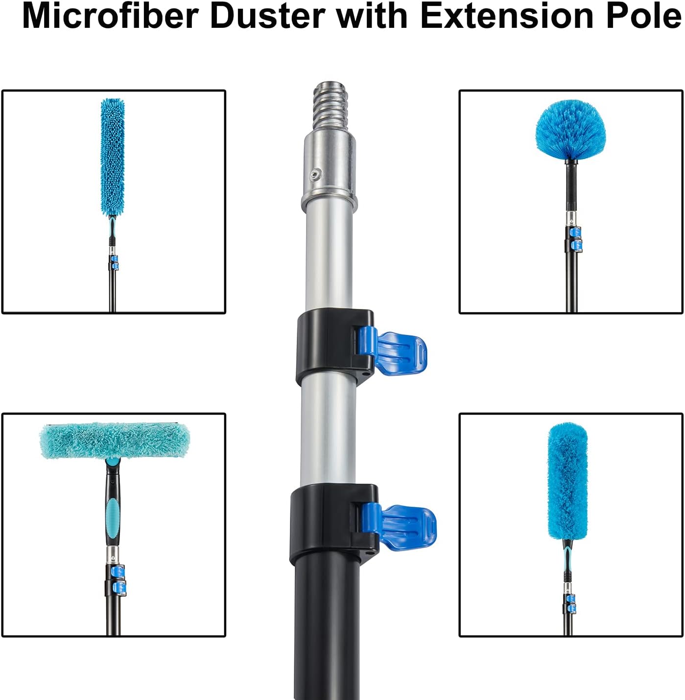 High Ceiling Fan Duster with 5-8 Foot Extension Pole, Extendable Reusable Cobweb, Feather, Window Cleaning Squeegee Kit