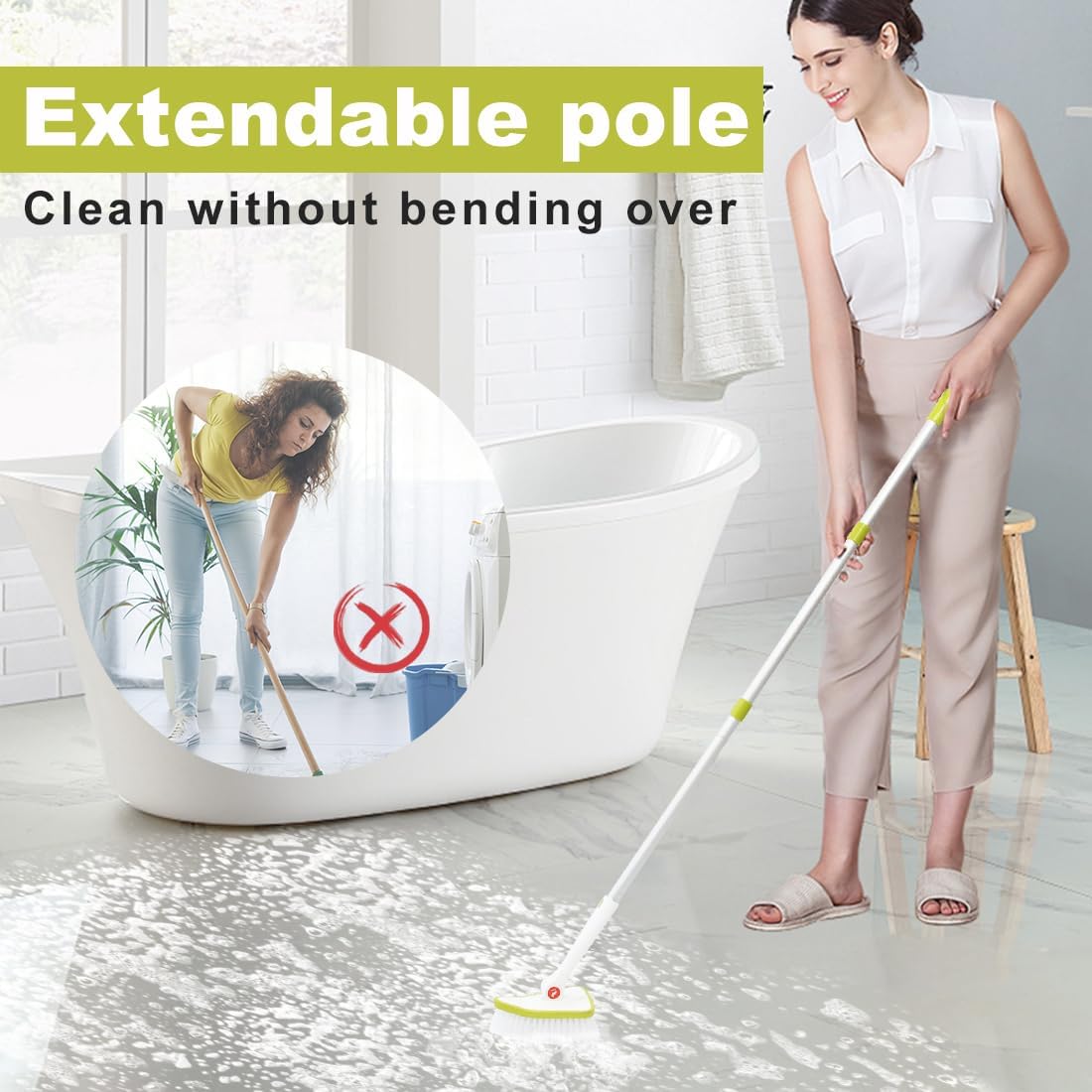 CQT 2 in 1 Bathroom Cleaning Brush with 48" Extendable Long Handle Detachable Scrub Brush with 2 Scrubber Heads and 2 Scouring Pad Head for Cleaning Bathtub Shower Bathroom Wall Bathtub Floor