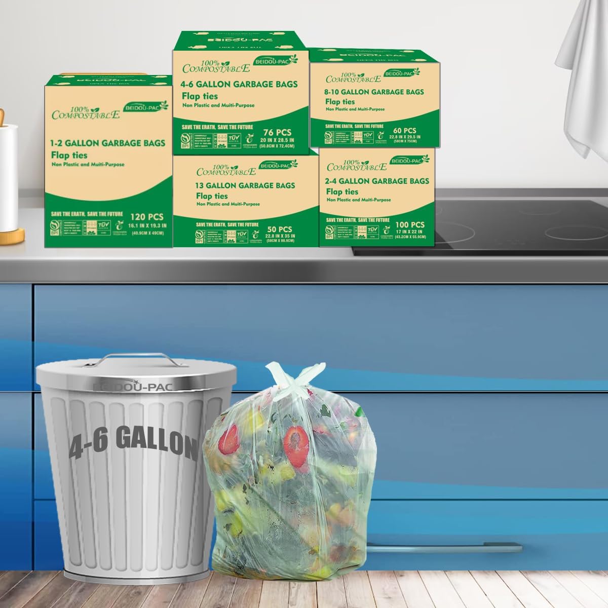 4-6 Gallon Flap Tie Compostable Trash Bags, 304 Count, Compost Bags Kitchen Trash Bags, Sturdy Biodegradable Garbage Bags Food Scrap Waste Bags, ASTM D6400, US BPI Certified