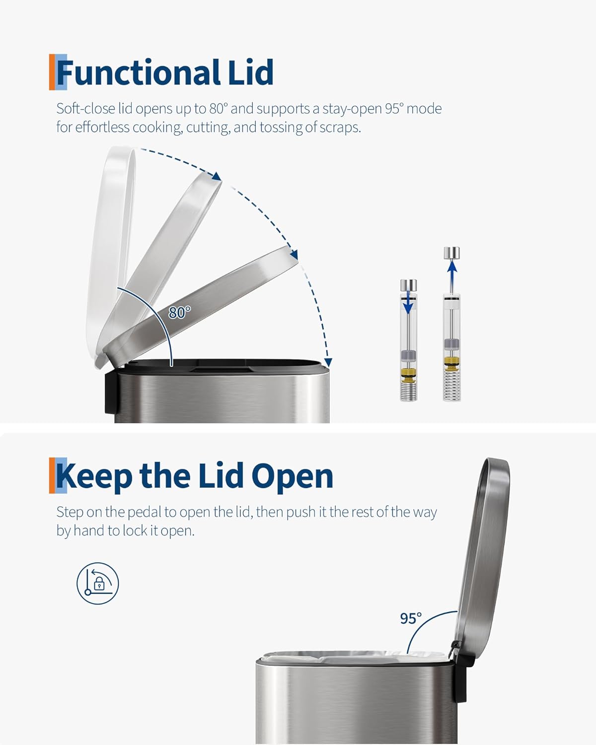 Garvee 13 Gal (50 L) and 2.6 Gal (10 L) Stainless Steel Trash Can Combo Set, Rustproof Garbage Can with Lid for Kitchen and Bathroom, Step-on Trash Bin with Inner Bucket, Rear Handle, Silver