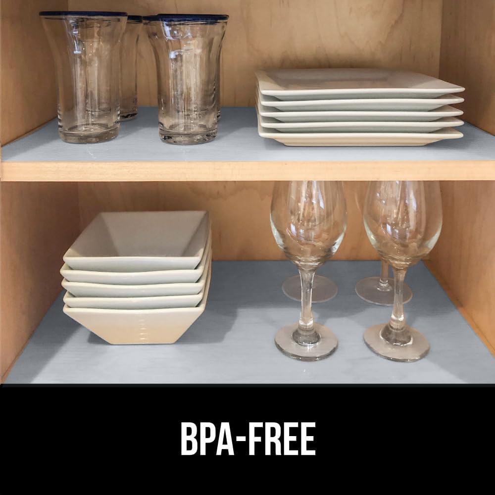 GORILLA GRIP DuraGuard Shelf Liner, Non-Adhesive Cabinet Liners for Kitchen Drawers, Shelves, Refrigerator, Pantry Storage, Bathroom Closet, Durable Waterproof BPA Free Ribbed Plastic, 12x10 Lt Gray