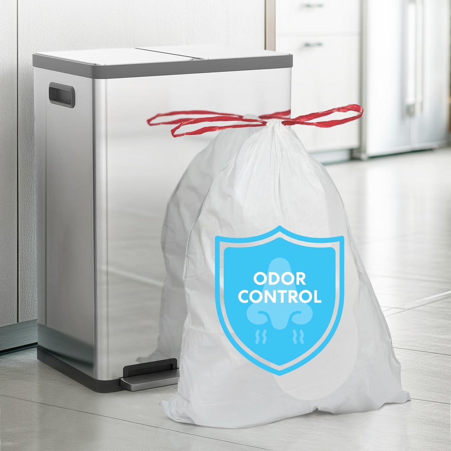 SIMPLI-MAGIC 8 Gallon Drawstring Trash Bags, 120 Pack – Tall Kitchen Garbage Bags, Custom Made with Premium Materials (White)