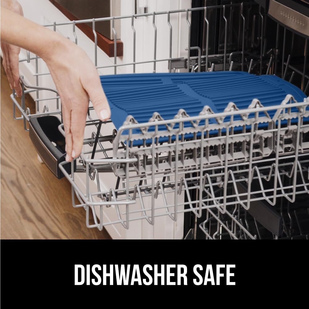GORILLA GRIP 100% BPA-Free Patented Silicone Dish Drying Mat for Kitchen Counter, Water Catching Ribbed Design, Easy Clean Waterproof Sink Liner, Heat Resistant, Fits Under Rack, 16x12 Inch, Blue