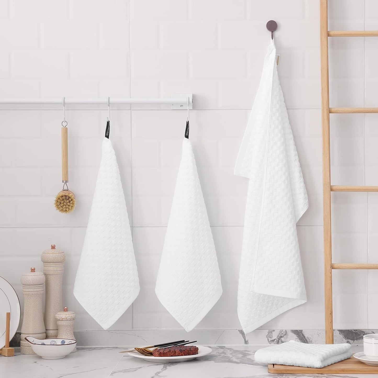 Fintale 100% Cotton Kitchen Towels and Dishcloths Set, 12 x 12 & 15 x 25 Inches, Set of 10 Bulk Super Soft and Absorbent Terry Cloth Dish Towels, Quick Drying Hand Towels with Hanging Loop, White