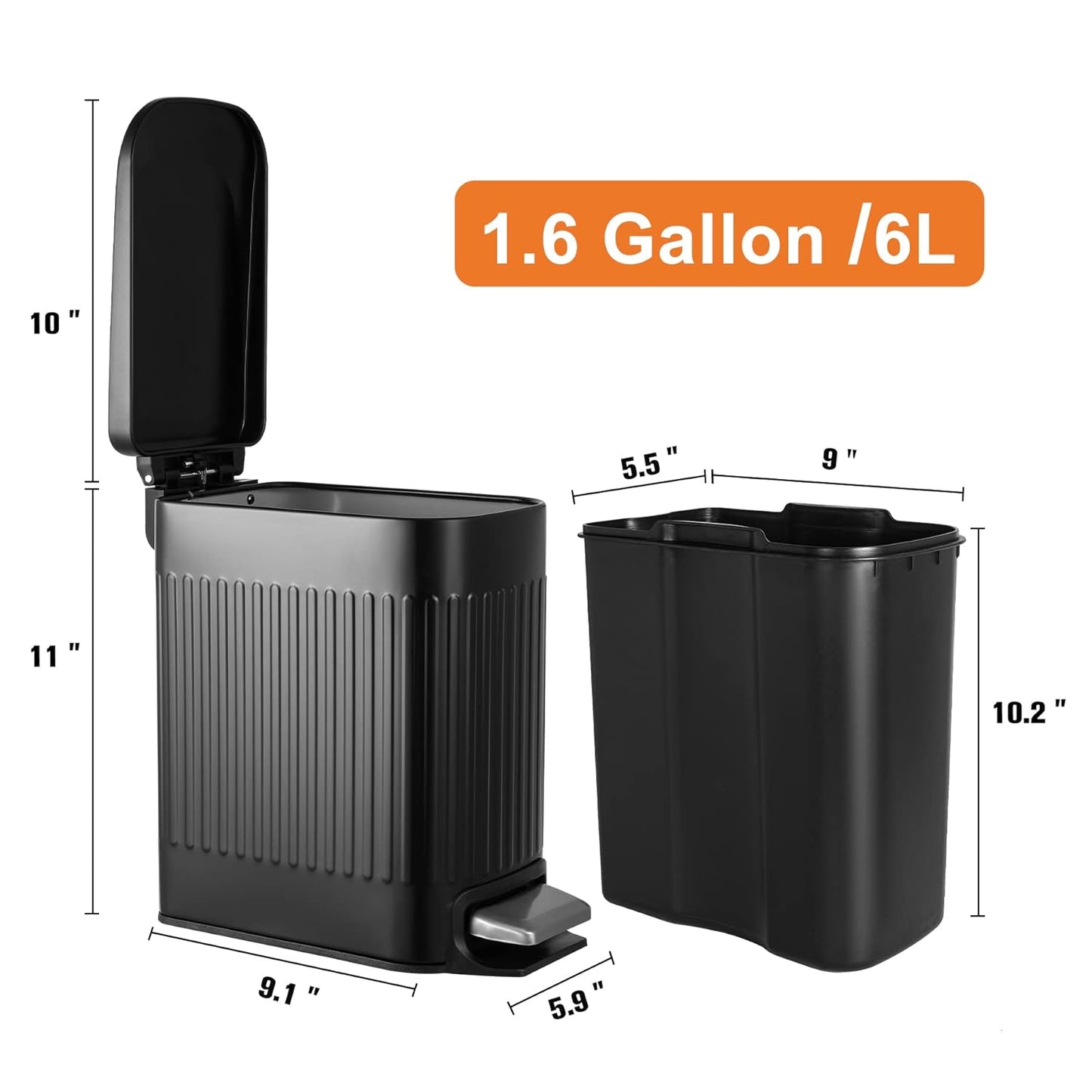 TrashAid Small Black Bathroom Trash Can with Lid Soft Close, 6 Liter / 1.6 Gallon, Stainless Steel Garbage Can with Removable Inner Bucket, Step Pedal, Slim Wastebasket for Toilet, Office, Bedroom