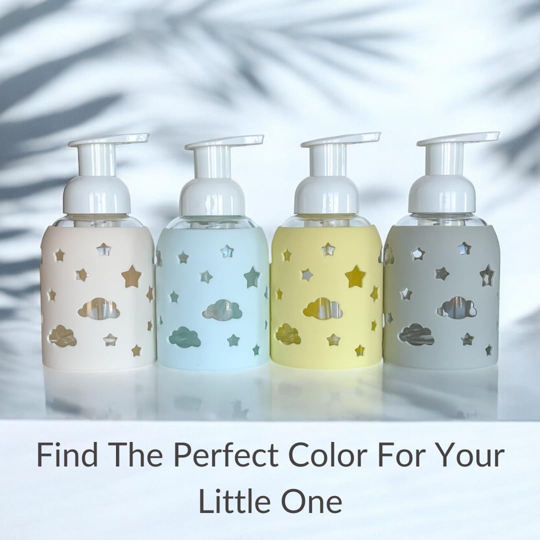 SoCal Suds & Company Glass Foaming Hand Soap Dispenser, Soft Grip Silicone Sleeve, Refillable Pump Bottle for Kids, Baby Wash & Shampoo, Ideal for Home Use, Light Grey 8oz