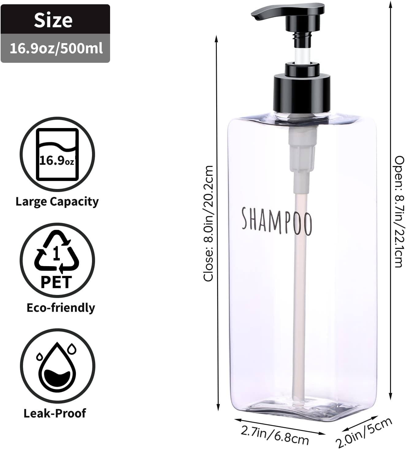 Segbeauty Clear Square Shampoo Bottles, 3pcs 16.9oz Refillable Plastic Lotion Dispenser with Pump, 500ml Empty Reusable Bathroom Shower Bottle Dispense Shampoo Conditioner Body Soap Liquid Gel