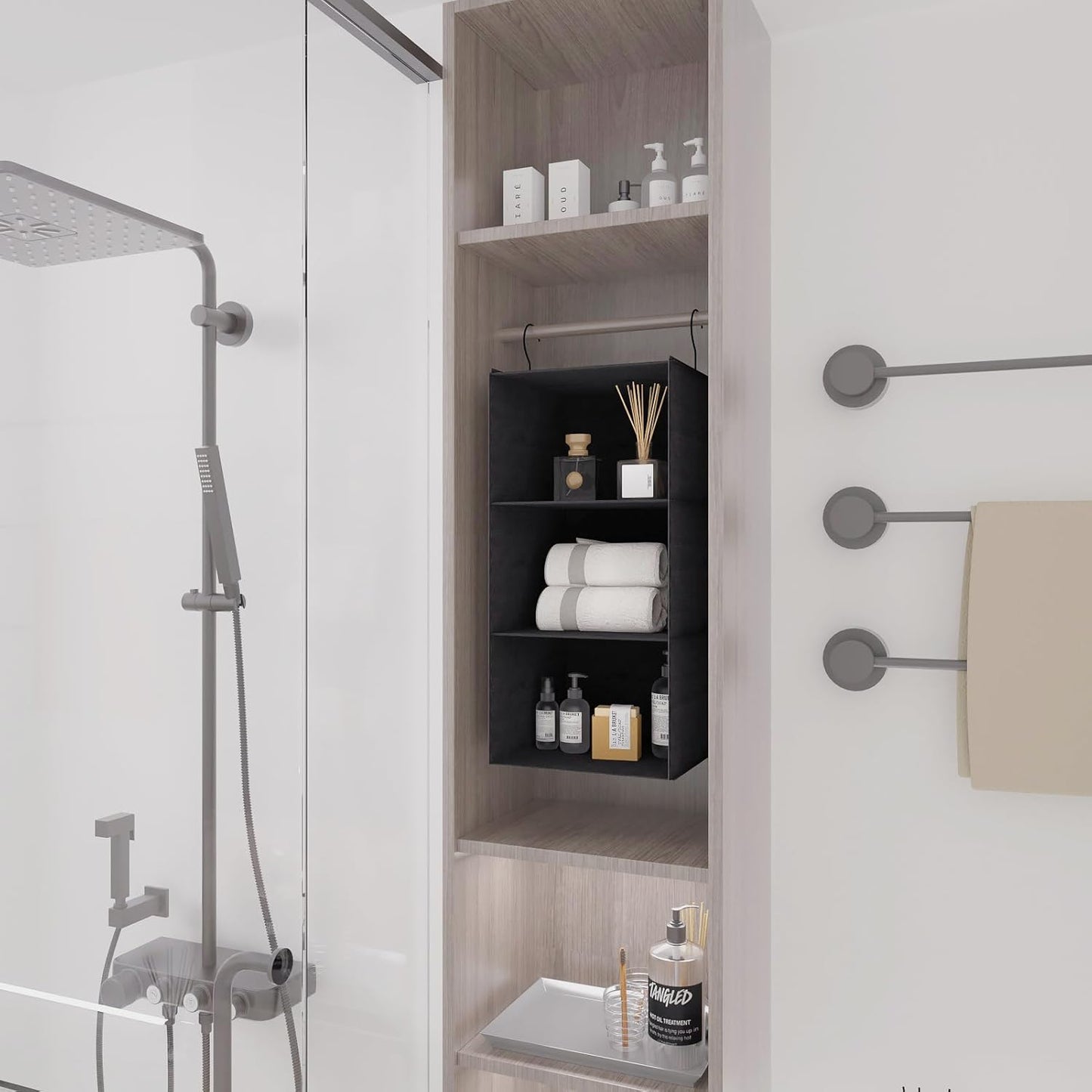 Hanging Closet Organizer - 3-Shelf, Easy Mount Foldable Wardrobe Storage Shelves for Clothes, Handbags, Shoes & Accessories - Washable Oxford Cloth Fabric, Black