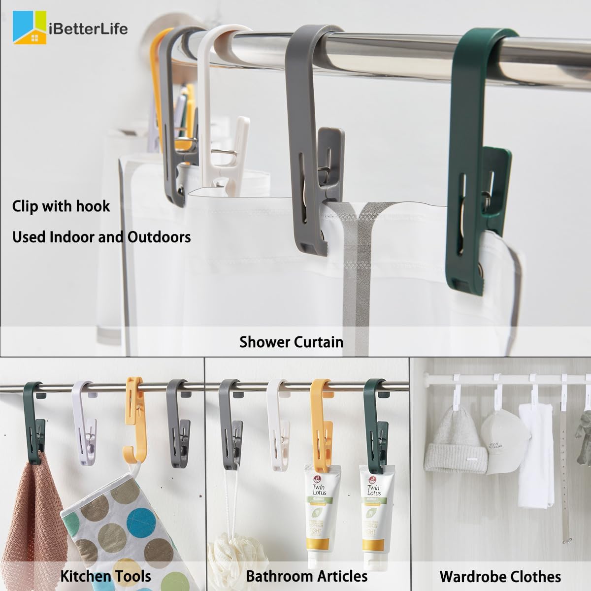 iBetterLife Clothes Pins Heavy Duty Outdoor - 8Pcs Large Laundry Hook Hangers with Clips Closet Organizer Clamps Hanging Socks Boot Bras Towels Shower Pegs for Bathroom Wardrobe Kitchen Office