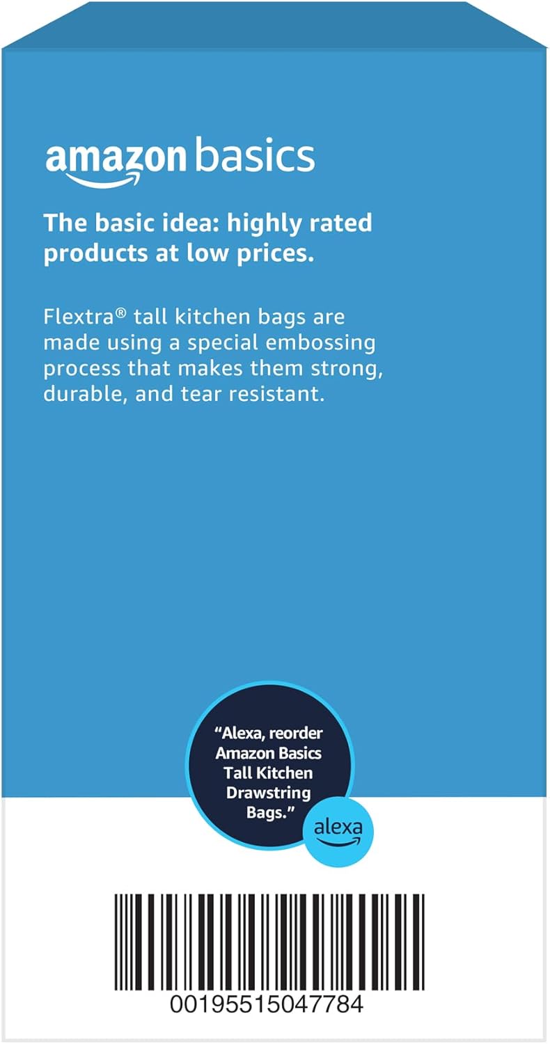 Amazon Basics 13 Gallon Flextra Strength Tall Kitchen Drawstring Trash Bags, Tear Resistant, Clean Fresh Scent, 10% Recycled Content, 50 Count