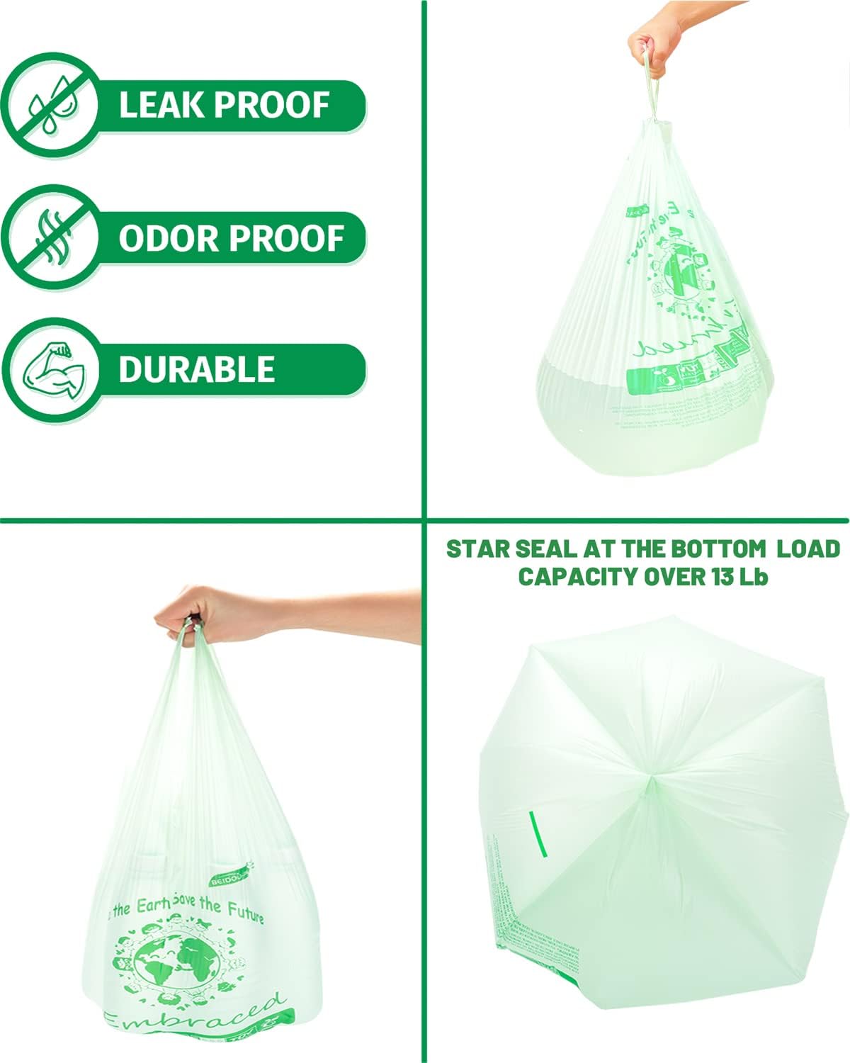 100% Compostable Trash Bags, 3 Gallon Compost Bags Small Kitchen Trash Bags with Handle, 200 Count Sturdy Biodegradable Garbage Bags Food Scrap Waste Bags, ASTM D6400, US BPI Certified