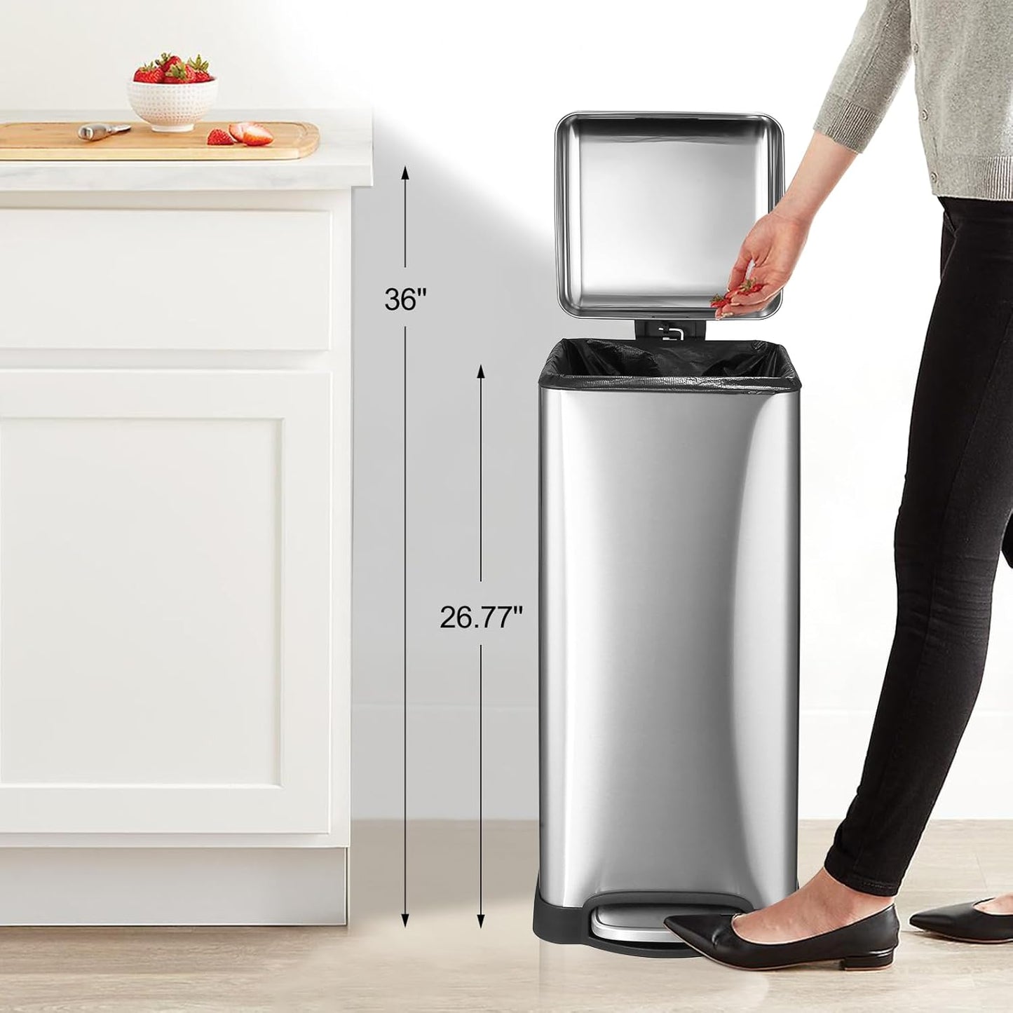 8 Gal/30L Slim Trash Can, Rectangular Step-On Stainless Steel Garbage Can, Soft-Close Lid, Anti-Fingerprint Surface, Recycling Bin with Removable Inner Basket, for Kitchen Dining Room, Silver