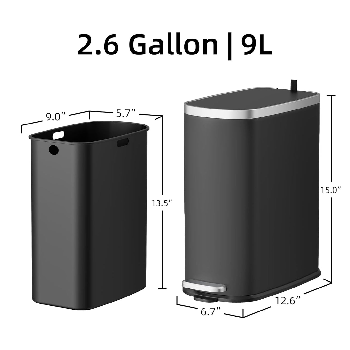 KUK Slim Bathroom Trash Can with Lid Soft Close, Step Pedal, 2.6 Gal/ 10L Stainless Steel Garbage Can with Removable Inner Bucket, Anti-Fingerprint Wastebasket for Office, Bedroom, Toilet (Black)