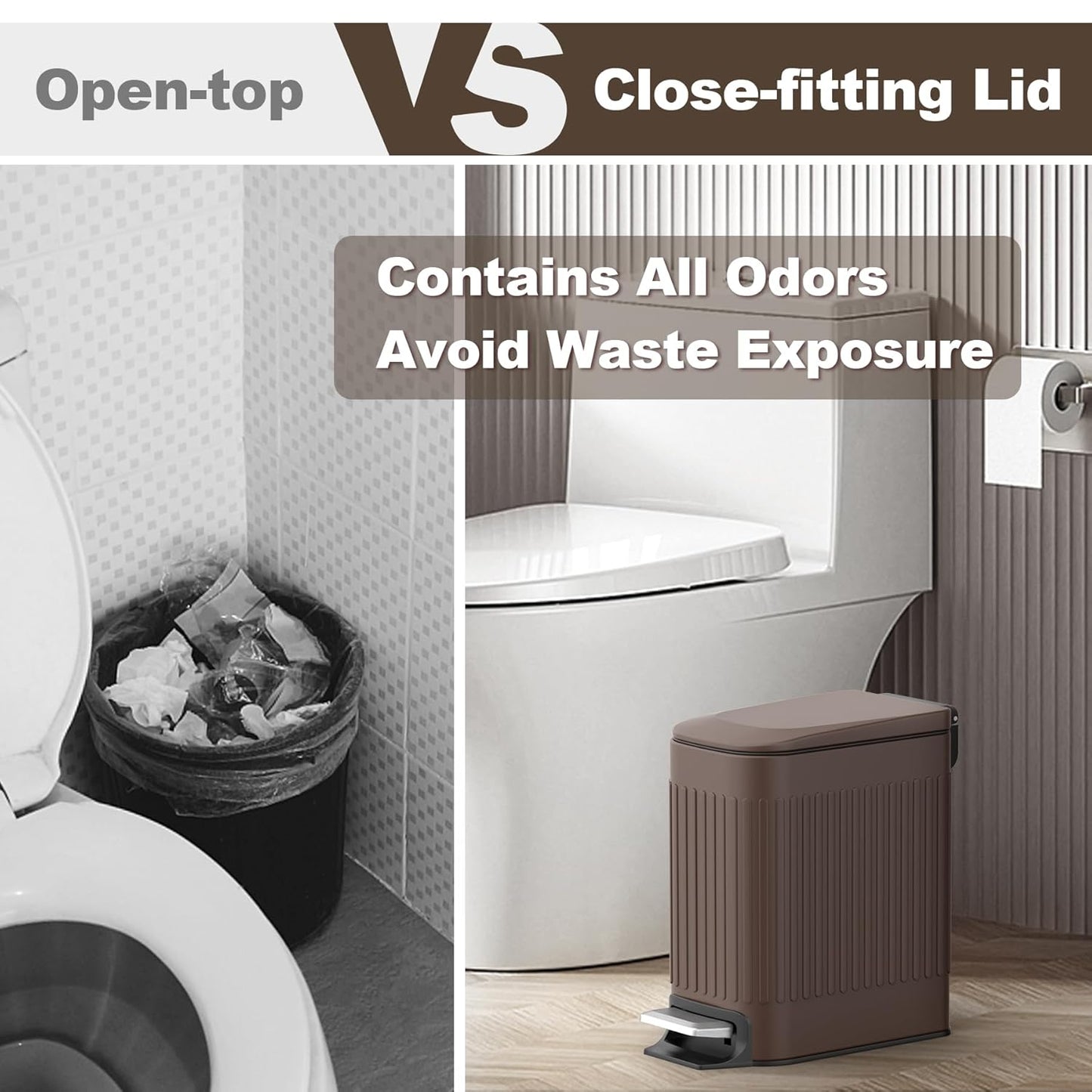 TrashAid Slim Bathroom Trash Can with Lid Soft Close, 6 Liter/1.6 Gallon Stainless Steel Small Garbage Can with Removable Inner Bucket, Step Pedal, Slim Wastebasket for Toilet, Office, Bedroom, Brown