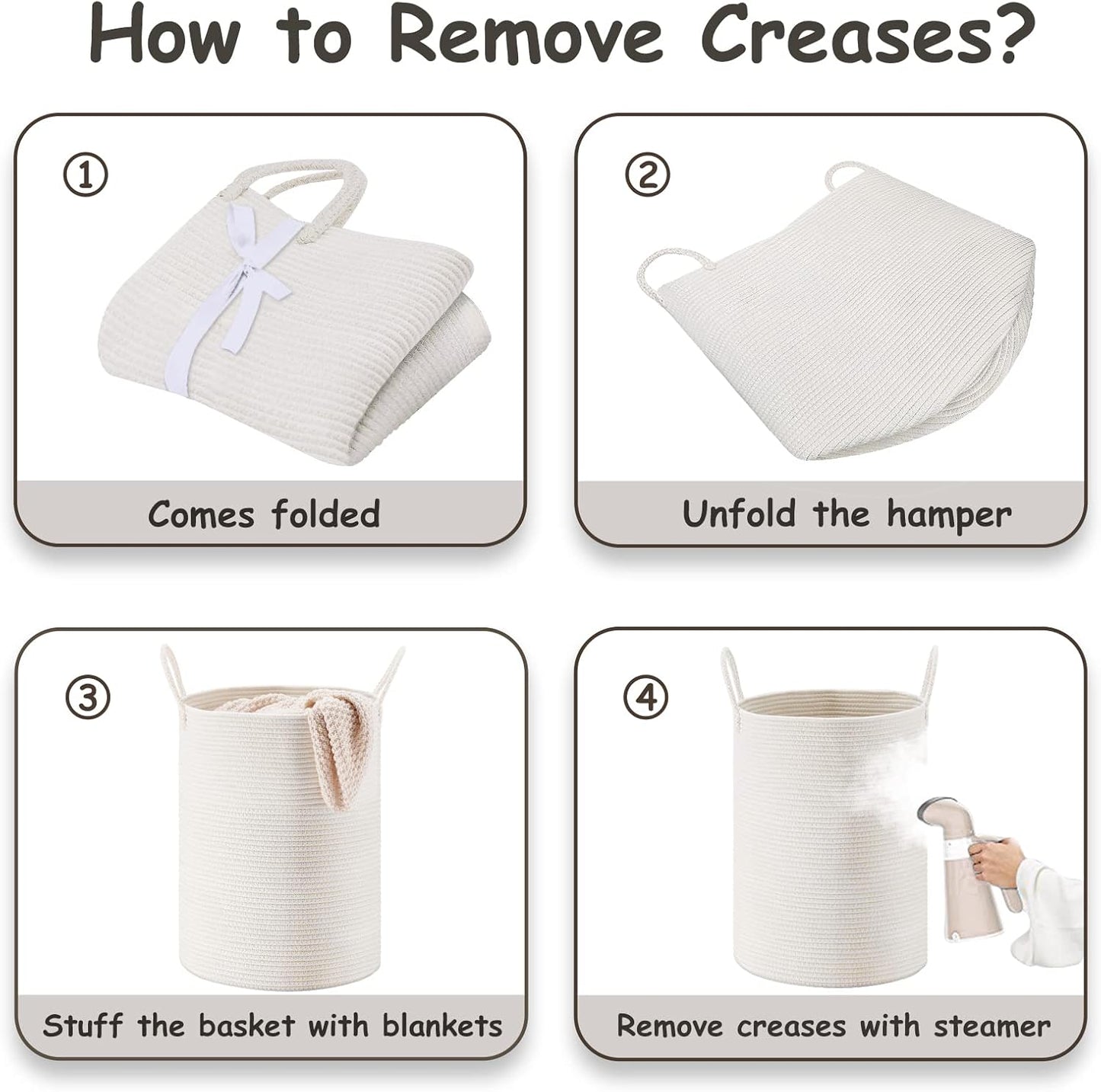 VIPOSCO Large Laundry Hamper, Tall Woven Rope Storage Basket for Blanket, Toys, Dirty Clothes in Living Room, Bathroom, Bedroom - 53L White