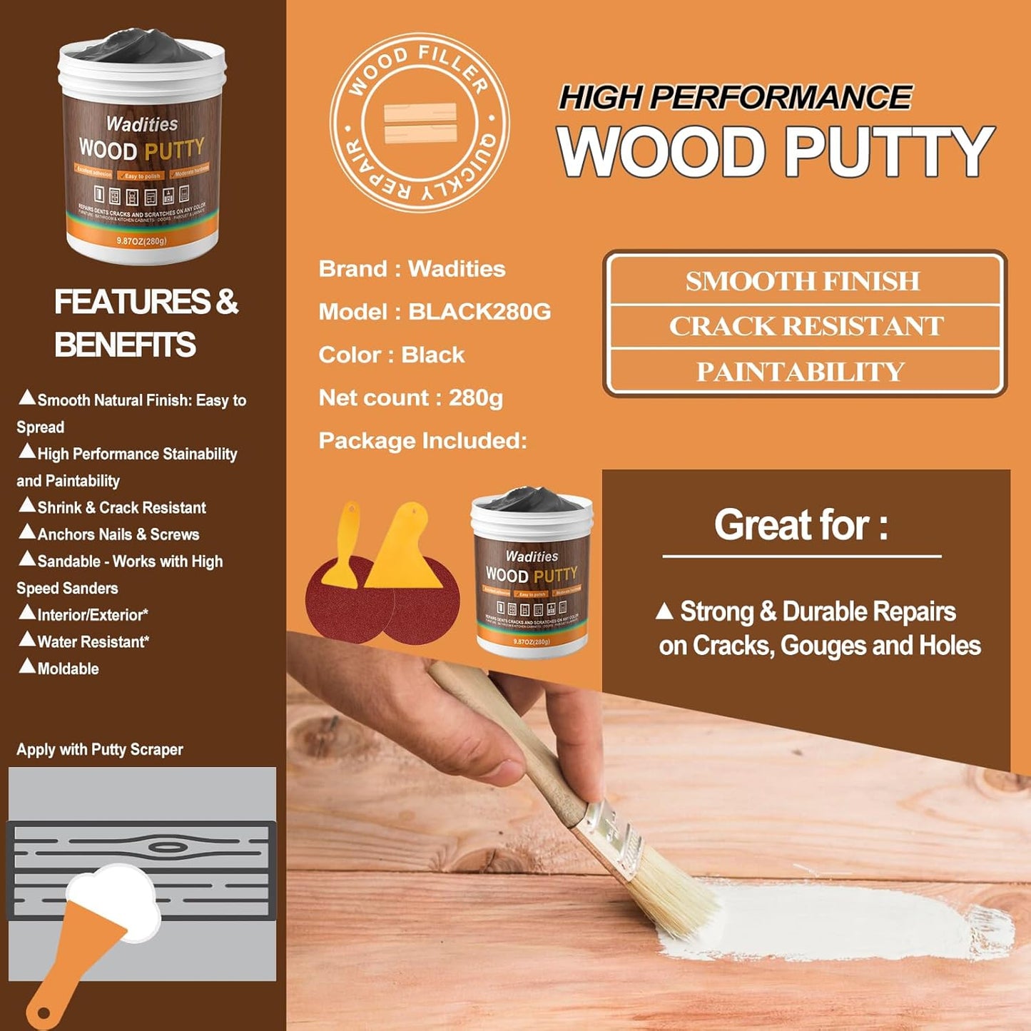 Black Wood Filler, Black Wood Putty, Paintable Stainable Wood Repair Putty, 9.87 Ounce Wood Furniture Repair kit, Quickly Repair Wood Cracks and Holes on Wooden Floor Furniture (Black)