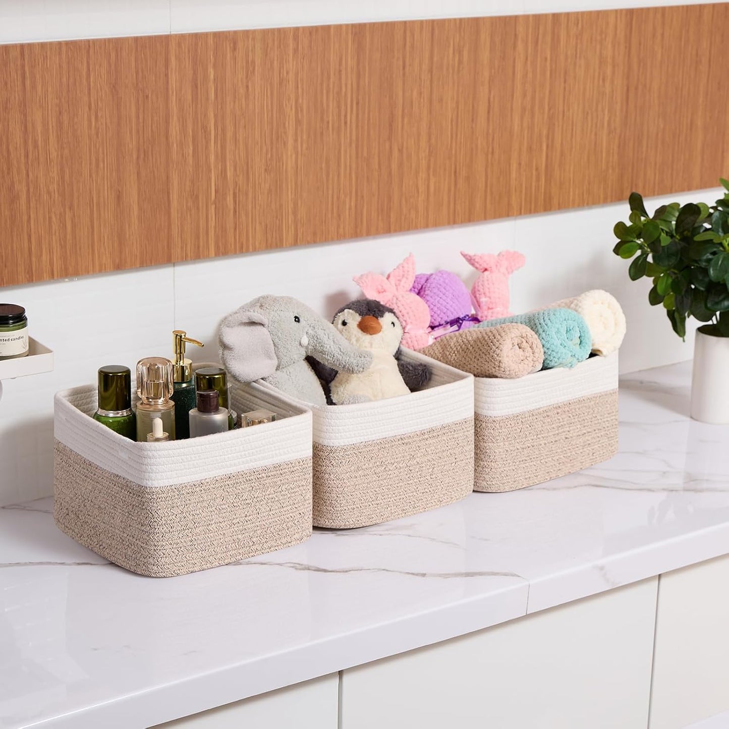 Small Organizing Baskets for Cubes Shelf, 9.7x9.7x7.1 Inch Rope Woven Storage Bins for Nursery Shelves Storage, Cute Toy Basket, Square 3 Packs Off White Brown
