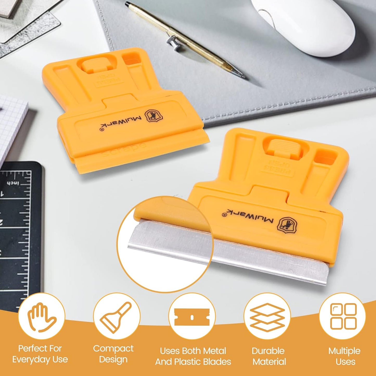 MulWark Razor Blade Scraper Tool Set, 3-Piece with 30 Replacement Blades - Heavy-Duty Cleaning Tool, Standard & Mini Scrapers for Decals, Stickers, Paint, Caulk, and Adhesive Removal