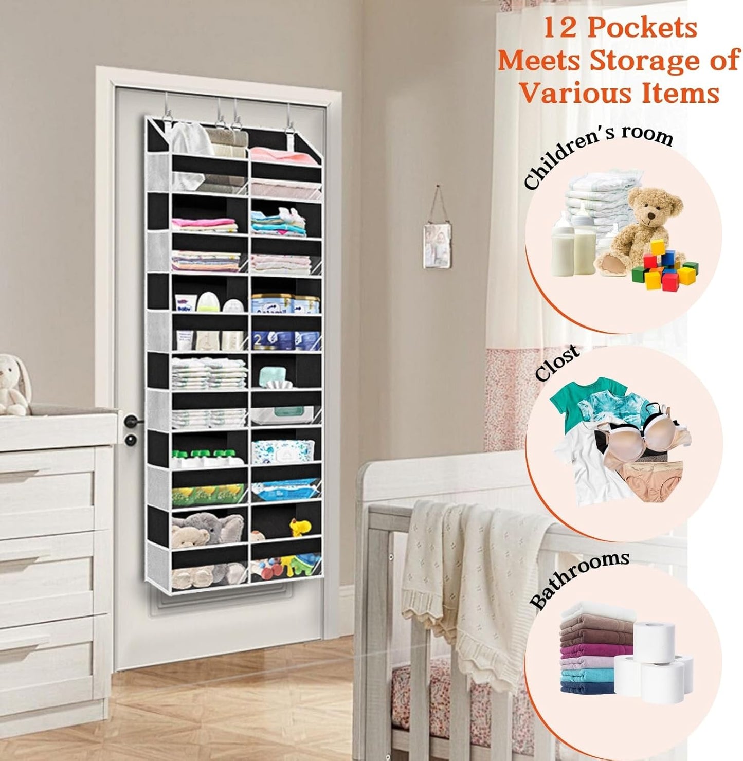 Over The Door Organizer 6 Tiers, Extra Large Behind Door Storage of 12 Compartments, 80 lbs Weight Capacity Hanging Storage Organizer with Clear Window Kids Toys, Shoes, Diapers, Room Storage,Black
