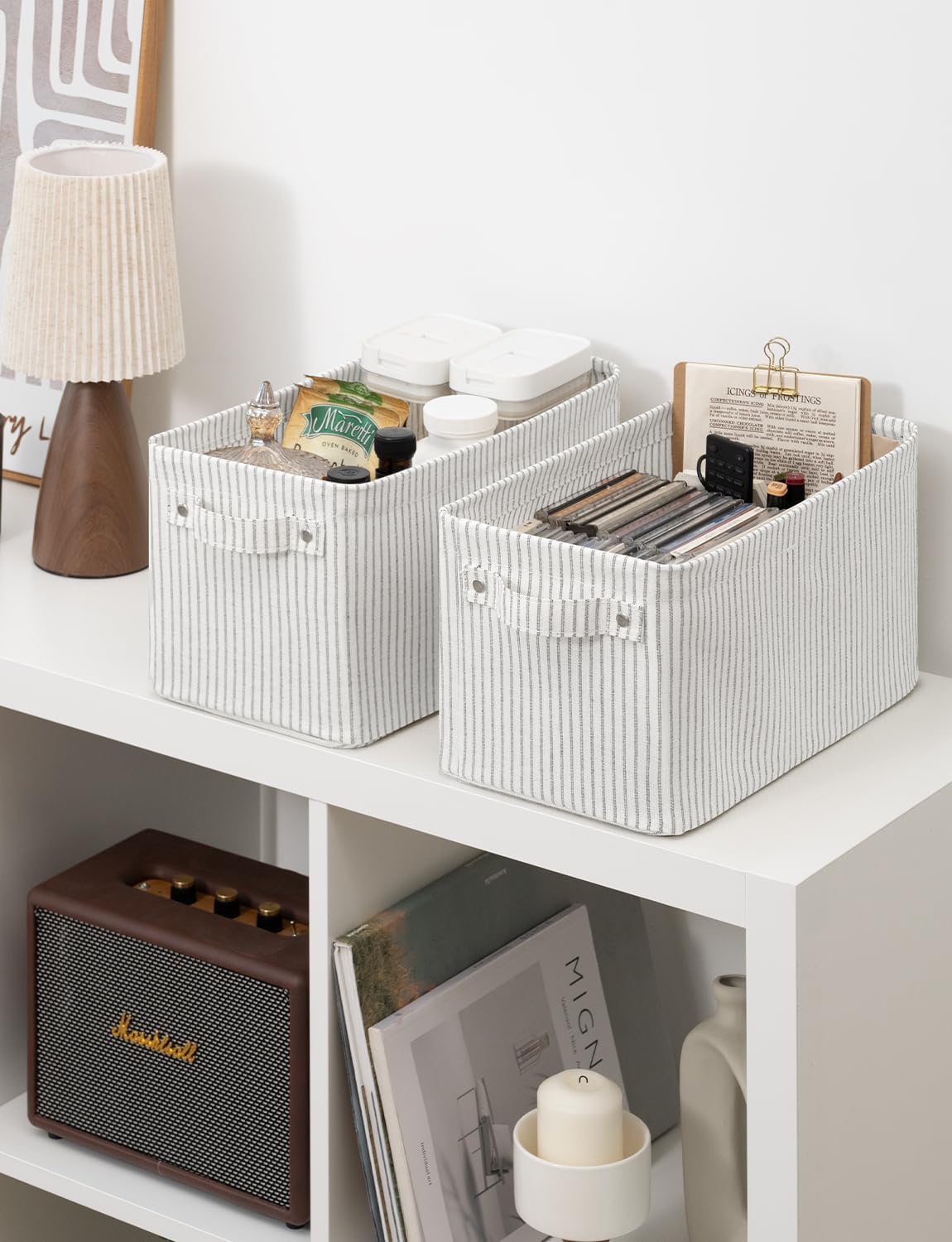 StorageWorks Narrow Storage Bins, Small Basket for Closet and Shelves, Rectangular Fabric Organizer with Handles, Toilet Paper Storage, Khaki and Beige Stripes, 2-Pack